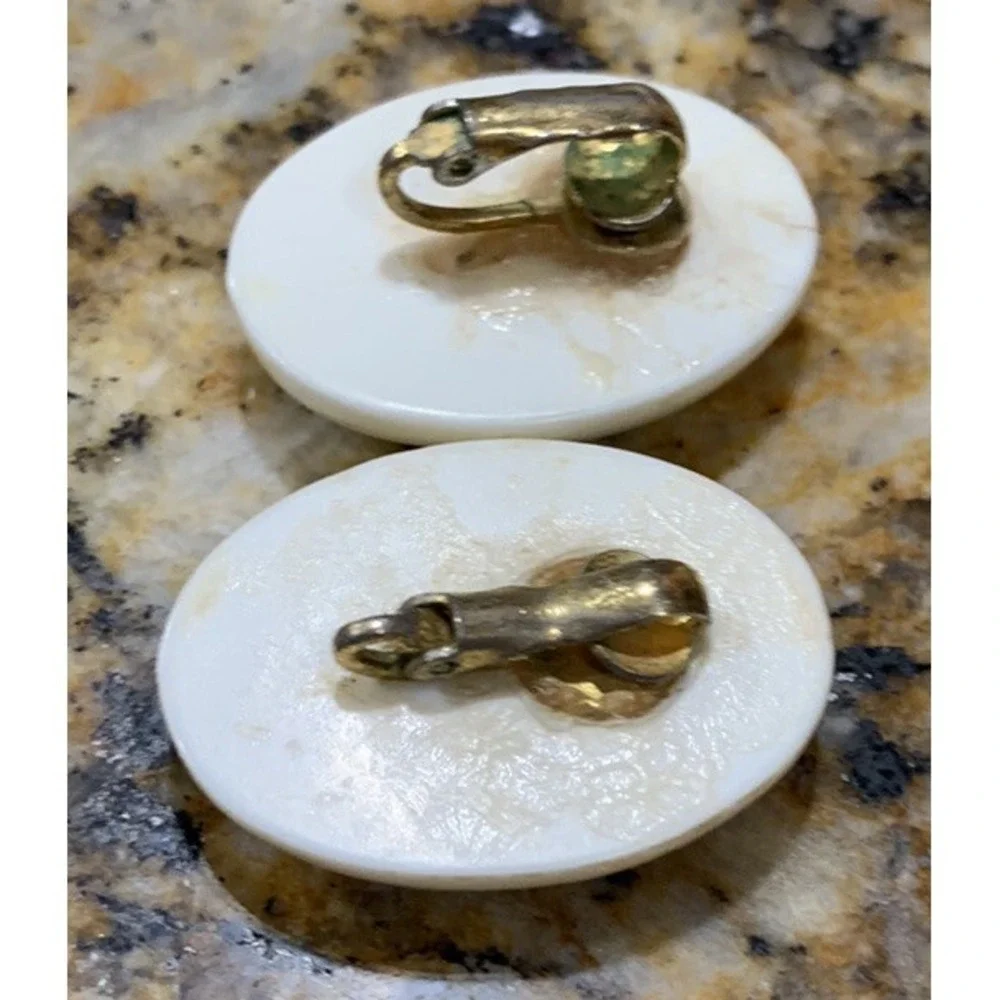 Vintage Multicolored Song Bird Plastic Pearlized Oval Clip Earrings